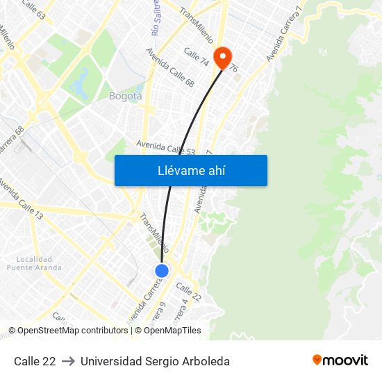 Calle 22 to Universidad Sergio Arboleda map