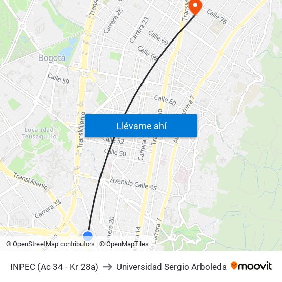 INPEC (Ac 34 - Kr 28a) to Universidad Sergio Arboleda map