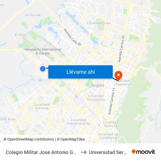 Colegio Militar José Antonio Galán (Cl 17 - Kr 103b) to Universidad Sergio Arboleda map