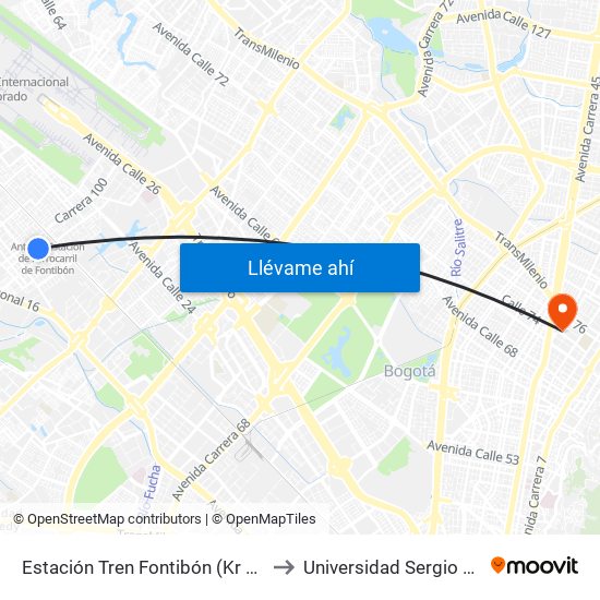 Estación Tren Fontibón (Kr 99 - Cl 20c) to Universidad Sergio Arboleda map