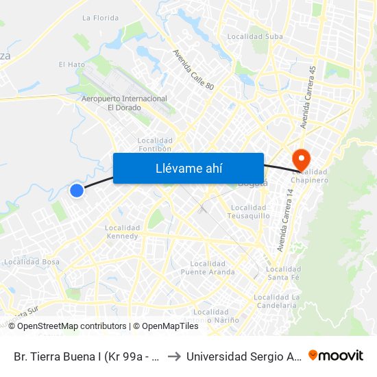 Br. Tierra Buena I (Kr 99a - Cl 26 Sur) to Universidad Sergio Arboleda map