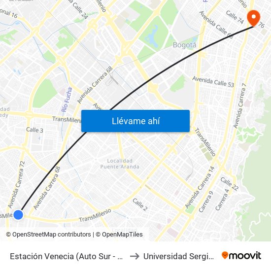 Estación Venecia (Auto Sur - Cl 44 Bis A Sur) to Universidad Sergio Arboleda map