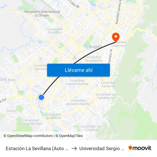 Estación La Sevillana (Auto Sur - Kr 60) to Universidad Sergio Arboleda map