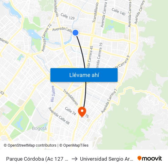 Parque Córdoba (Ac 127 - Kr 54) to Universidad Sergio Arboleda map