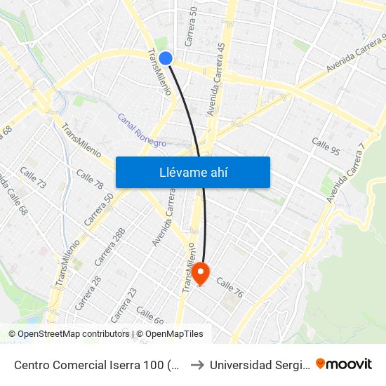 Centro Comercial Iserra 100 (Ac 100 - Tv 55) (A) to Universidad Sergio Arboleda map