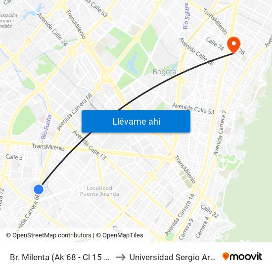 Br. Milenta (Ak 68 - Cl 15 Sur) (A) to Universidad Sergio Arboleda map