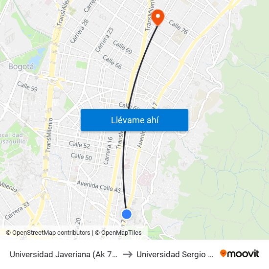 Universidad Javeriana (Ak 7 - Cl 40) (A) to Universidad Sergio Arboleda map