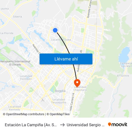 Estación La Campiña (Av. Suba - Kr 99) to Universidad Sergio Arboleda map