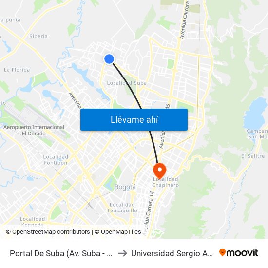 Portal De Suba (Av. Suba - Kr 103c) to Universidad Sergio Arboleda map