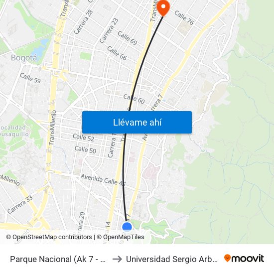 Parque Nacional (Ak 7 - Cl 37) to Universidad Sergio Arboleda map