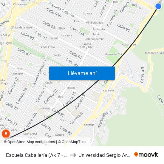 Escuela Caballería (Ak 7 - Cl 100) to Universidad Sergio Arboleda map