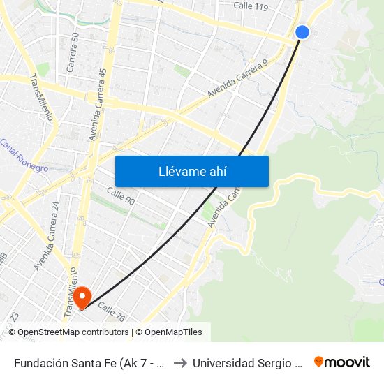 Fundación Santa Fe (Ak 7 - Cl 118) (A) to Universidad Sergio Arboleda map