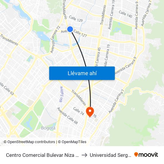 Centro Comercial Bulevar Niza (Ac 127 - Av. Suba) to Universidad Sergio Arboleda map