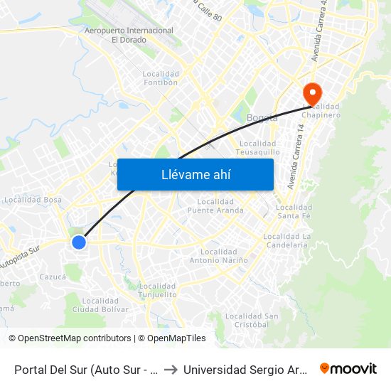 Portal Del Sur (Auto Sur - Kr 74) to Universidad Sergio Arboleda map