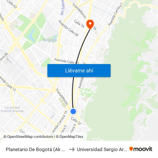 Planetario De Bogotá (Ak 7 - Cl 27) to Universidad Sergio Arboleda map