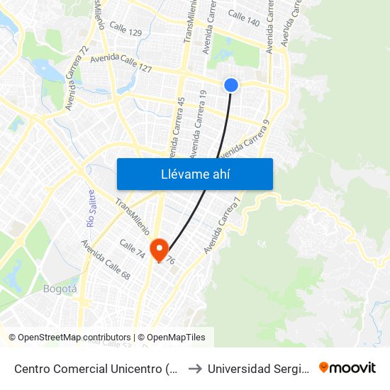 Centro Comercial Unicentro (Ac 127 - Kr 14a) to Universidad Sergio Arboleda map