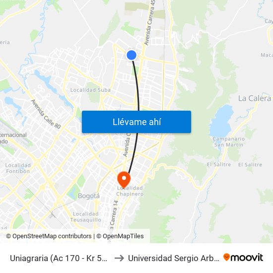 Uniagraria (Ac 170 - Kr 54a) (B) to Universidad Sergio Arboleda map