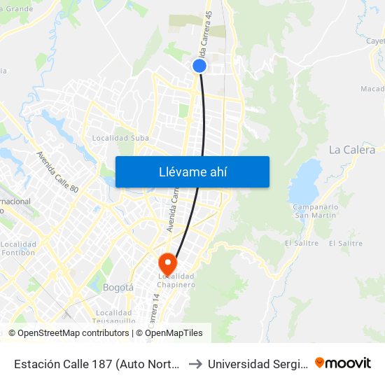 Estación Calle 187 (Auto Norte - Cl 187 Bis) (A) to Universidad Sergio Arboleda map