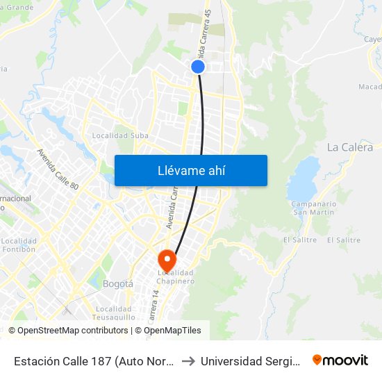 Estación Calle 187 (Auto Norte - Cl 187) (B) to Universidad Sergio Arboleda map