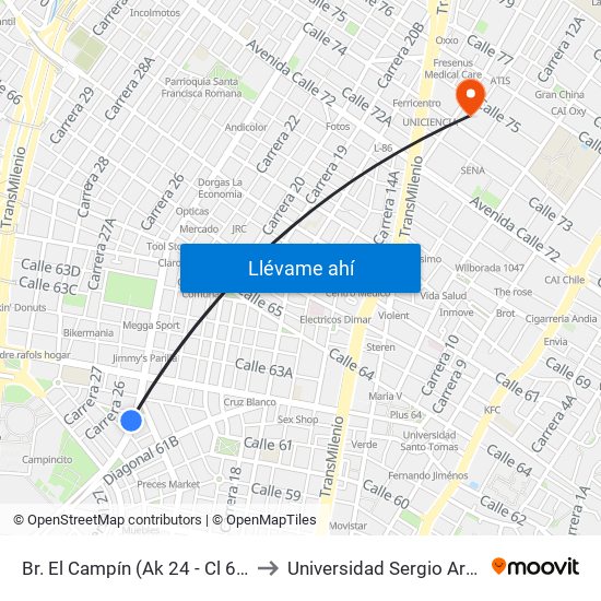 Br. El Campín (Ak 24 - Cl 61d Bis) to Universidad Sergio Arboleda map