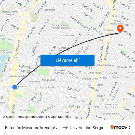 Estación Movistar Arena (Av. NQS - Cl 62) to Universidad Sergio Arboleda map