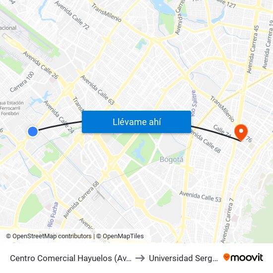 Centro Comercial Hayuelos (Av. C. De Cali - Cl 20) to Universidad Sergio Arboleda map