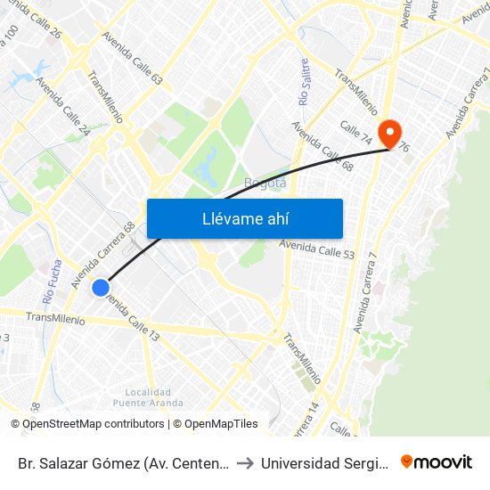 Br. Salazar Gómez (Av. Centenario - Kr 65) (A) to Universidad Sergio Arboleda map