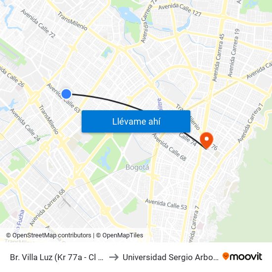 Br. Villa Luz (Kr 77a - Cl 63c) to Universidad Sergio Arboleda map