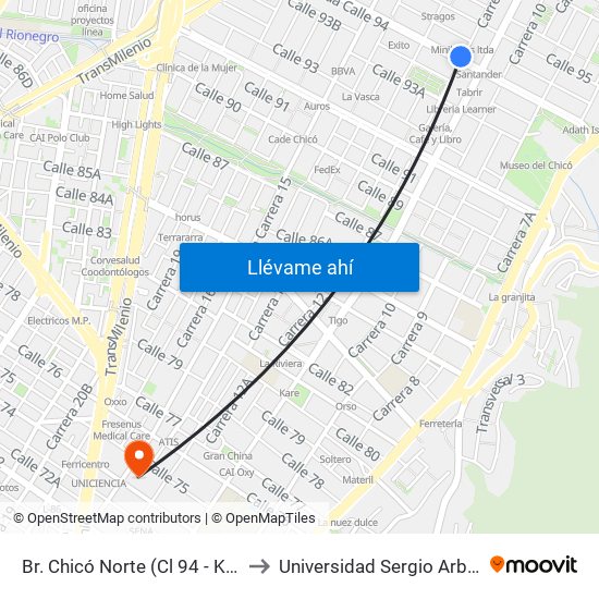 Br. Chicó Norte (Cl 94 - Kr 11a) to Universidad Sergio Arboleda map