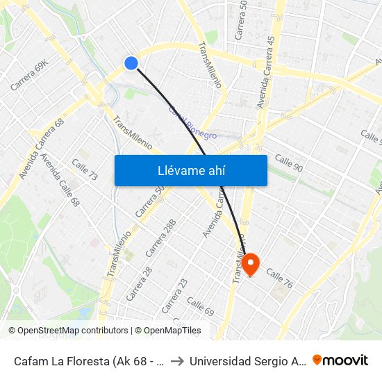 Cafam La Floresta (Ak 68 - Cl 98) (A) to Universidad Sergio Arboleda map
