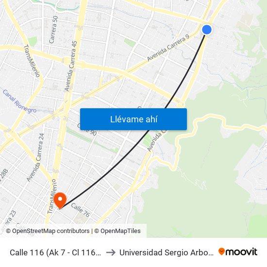 Calle 116 (Ak 7 - Cl 116) (A) to Universidad Sergio Arboleda map