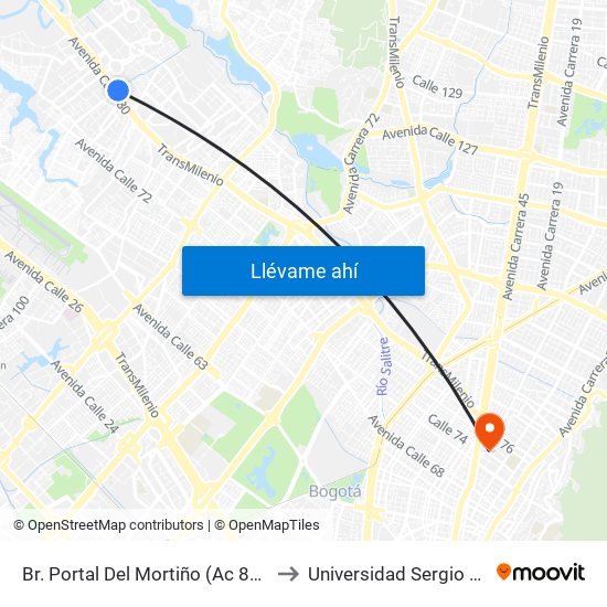 Br. Portal Del Mortiño (Ac 80 - Kr 109a) to Universidad Sergio Arboleda map