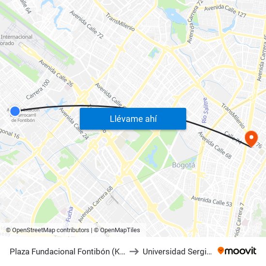 Plaza Fundacional Fontibón (Kr 99 - Cl 18a) (A) to Universidad Sergio Arboleda map