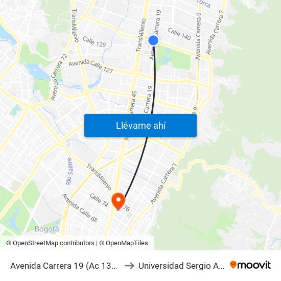 Avenida Carrera 19 (Ac 134 - Ak 19) to Universidad Sergio Arboleda map