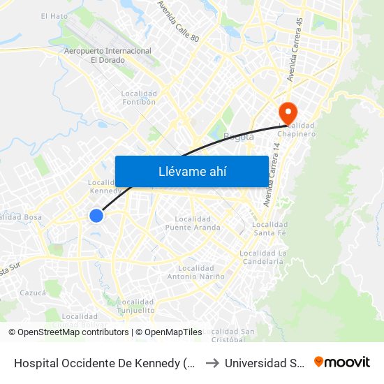 Hospital Occidente De Kennedy (Av. 1 De Mayo - Cl 40b Sur) (B) to Universidad Sergio Arboleda map