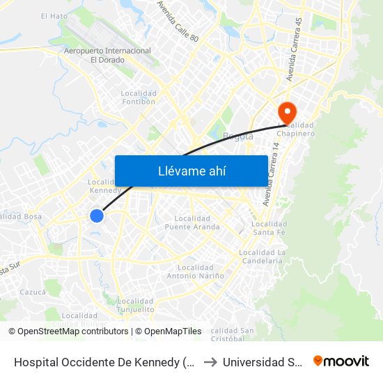 Hospital Occidente De Kennedy (Av. 1 De Mayo - Cl 40 Sur) (A) to Universidad Sergio Arboleda map