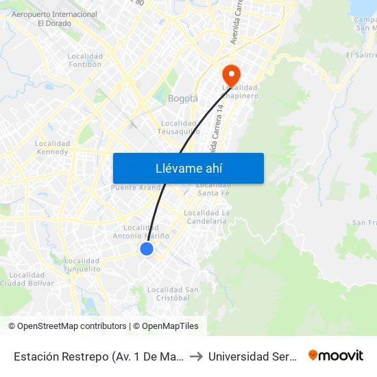 Estación Restrepo (Av. 1 De Mayo - Av. Caracas) (A) to Universidad Sergio Arboleda map