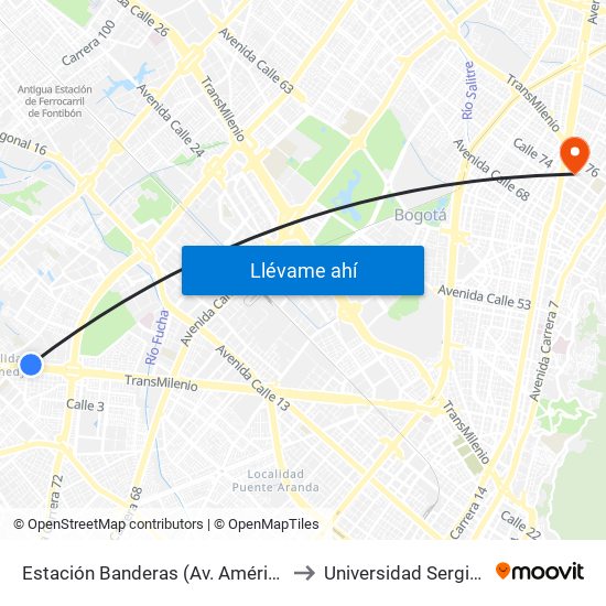 Estación Banderas (Av. Américas - Kr 78a) (A) to Universidad Sergio Arboleda map