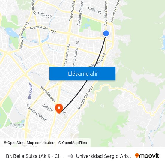 Br. Bella Suiza (Ak 9 - Cl 127b) to Universidad Sergio Arboleda map