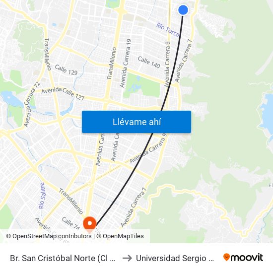 Br. San Cristóbal Norte (Cl 162 - Kr 8) to Universidad Sergio Arboleda map