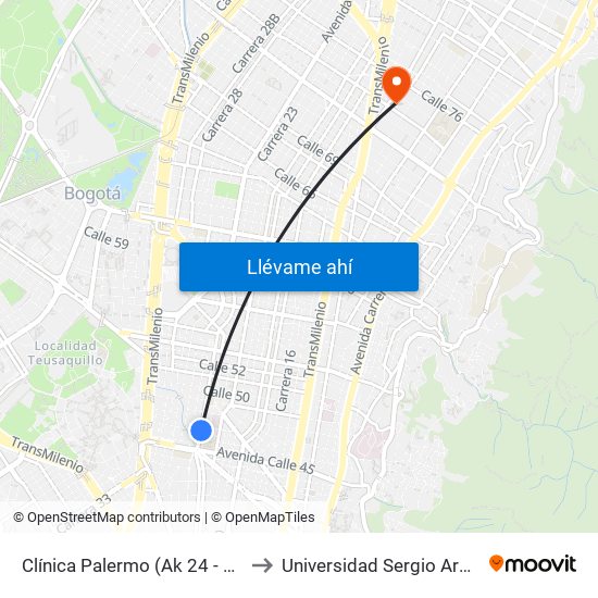Clínica Palermo (Ak 24 - Cl 45b) to Universidad Sergio Arboleda map