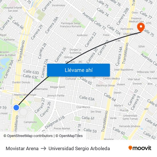 Movistar Arena to Universidad Sergio Arboleda map