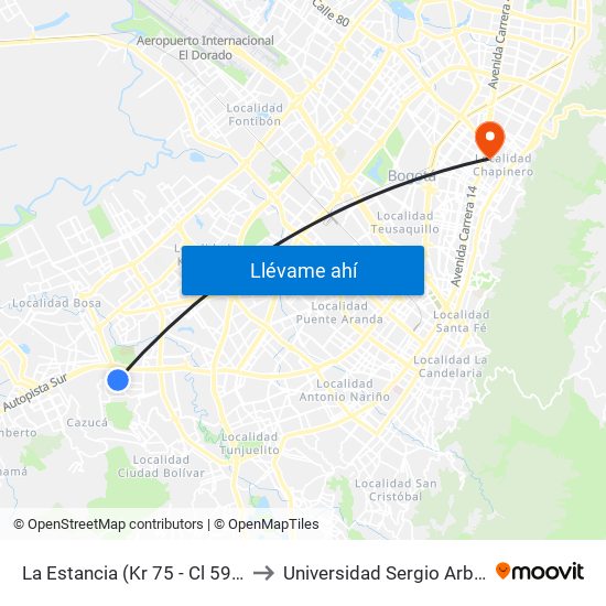 La Estancia (Kr 75 - Cl 59a Sur) to Universidad Sergio Arboleda map