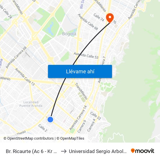 Br. Ricaurte (Ac 6 - Kr 26) to Universidad Sergio Arboleda map