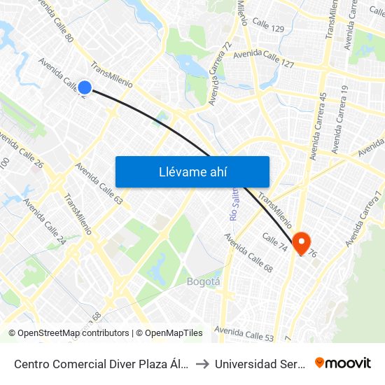 Centro Comercial Diver Plaza Álamos (Ak 96 - Cl 72a) to Universidad Sergio Arboleda map