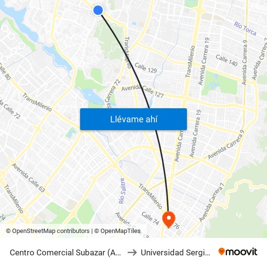 Centro Comercial Subazar (Av. Suba - Kr 91) to Universidad Sergio Arboleda map