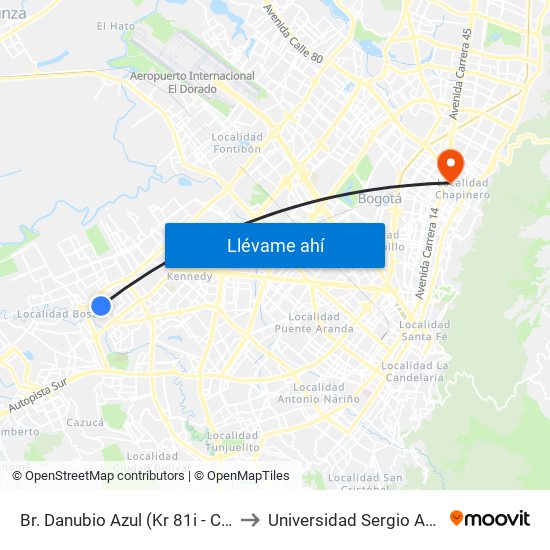 Br. Danubio Azul (Kr 81i - Cl 55 Sur) to Universidad Sergio Arboleda map