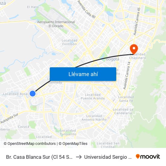 Br. Casa Blanca Sur (Cl 54 Sur - Kr 80d) to Universidad Sergio Arboleda map