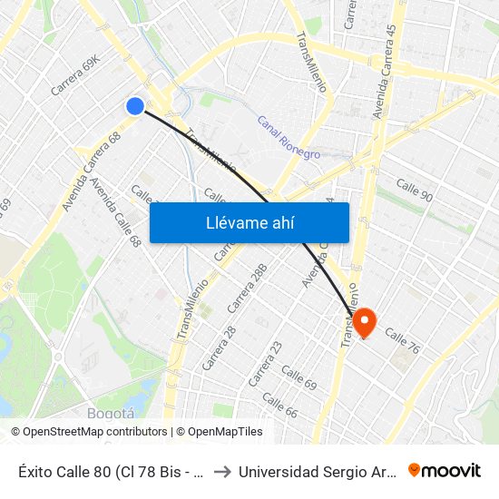 Éxito Calle 80 (Cl 78 Bis - Kr 68b) to Universidad Sergio Arboleda map