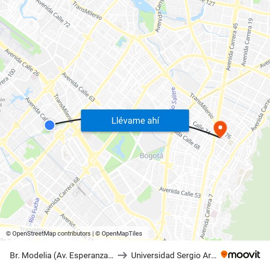 Br. Modelia (Av. Esperanza - Kr 74) to Universidad Sergio Arboleda map